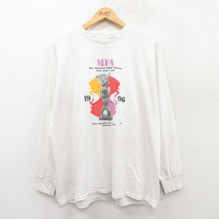 XL★古着 長袖 ビンテージ Tシャツ メンズ 90年代 90s ヒューストン美術館 BMW 企業広告 大きいサイズ コットン クルーネック カナダ製 白 ホワイト 25apr17 中古
