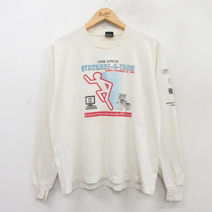 XL★古着 スクリーンスターズ 長袖 ビンテージ Tシャツ メンズ 90年代 90s STOCKADE クルーネック USA製 白 ホワイト 25apr18 中古