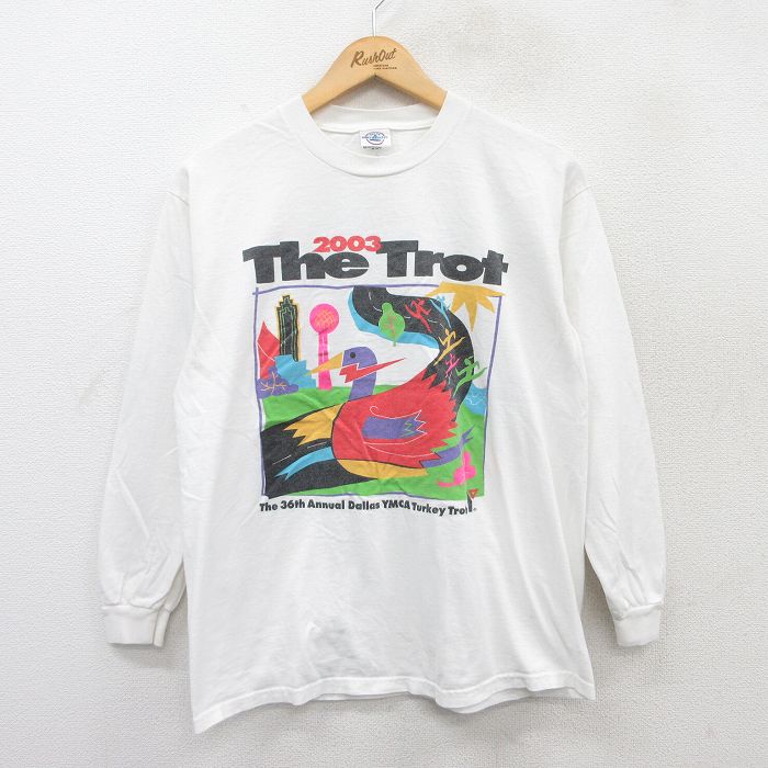 【50%OFF】L★古着 長袖 ビンテージ Tシャツ メンズ 00年代 00s The Trot 企業広告 コットン クルーネック 白 ホワイト 25apr18 中古