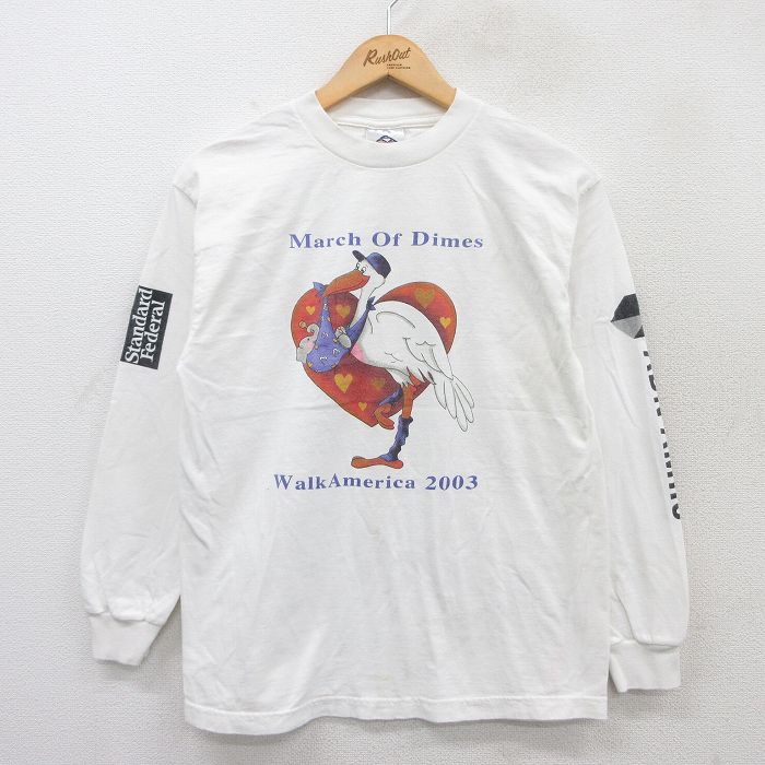 M★古着 長袖 ビンテージ Tシャツ メンズ 00年代 00s 鳥 ゾウ クマ ハート コットン クルーネック 白 ホワイト 25apr18 中古