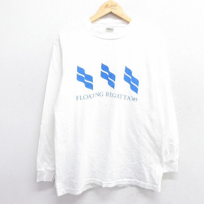 L★古着 長袖 ビンテージ Tシャツ メンズ 80年代 80s FLOATING REGATTA 企業広告 コットン クルーネック USA製 白 ホワイト 25apr23 中古