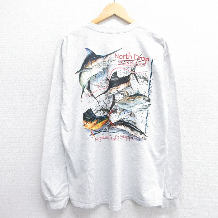 XL★古着 長袖 ビンテージ Tシャツ メンズ 00年代 00s 魚 胸ポケット付き クルーネック 薄グレー 霜降り 25apr23 中古
