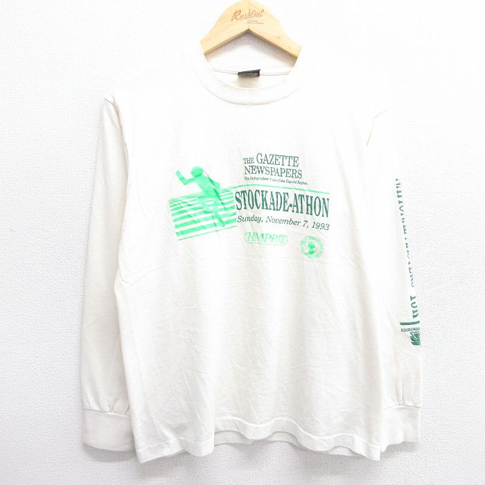 【50%OFF】M★古着 フルーツオブザルーム 長袖 ビンテージ Tシャツ メンズ 90年代 90s STOCKADE ATHON クルーネック USA製 生成り 25apr23 中古