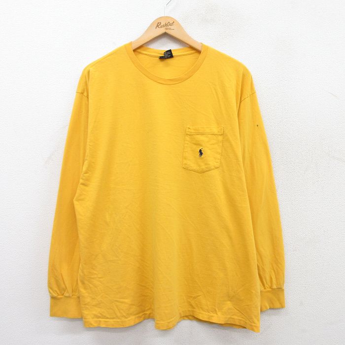 XL★古着 ラルフローレン Ralph Lauren 長袖 ブランド Tシャツ メンズ 90年代 90s ワンポイントロゴ 胸ポケット付き 大きいサイズ コットン クルーネック USA製 黄 イエロー 25apr23 中古
