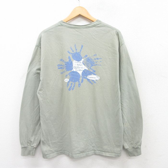 XL★古着 ヘインズ Hanes 長袖 ビンテージ Tシャツ メンズ 00年代 00s 手 コットン クルーネック 薄緑系 グリーン 25apr23 中古
