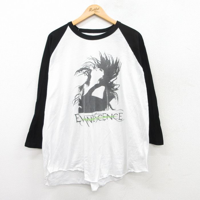 XL★古着 7分袖 ロック バンド Tシャツ メンズ エヴァネッセンス ラグラン ツートンカラー 大きいサイズ コットン クルーネック 白他 ホワイト 【spe】 25apr23 中古 7分丈 七分丈 七分袖