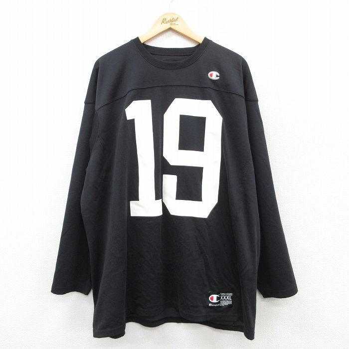 XL★古着 チャンピオン Champion 長袖 フットボール Tシャツ メンズ 19 大きいサイズ ロング丈 クルーネック 黒 ブラック 25apr23 中古
