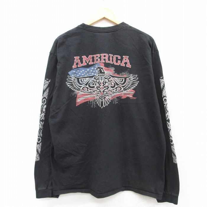 XL★古着 Crazy Shirts 長袖 Tシャツ メンズ 鳥 アメリカ 星条旗 大きいサイズ コットン クルーネック 黒 ブラック 25apr23 中古