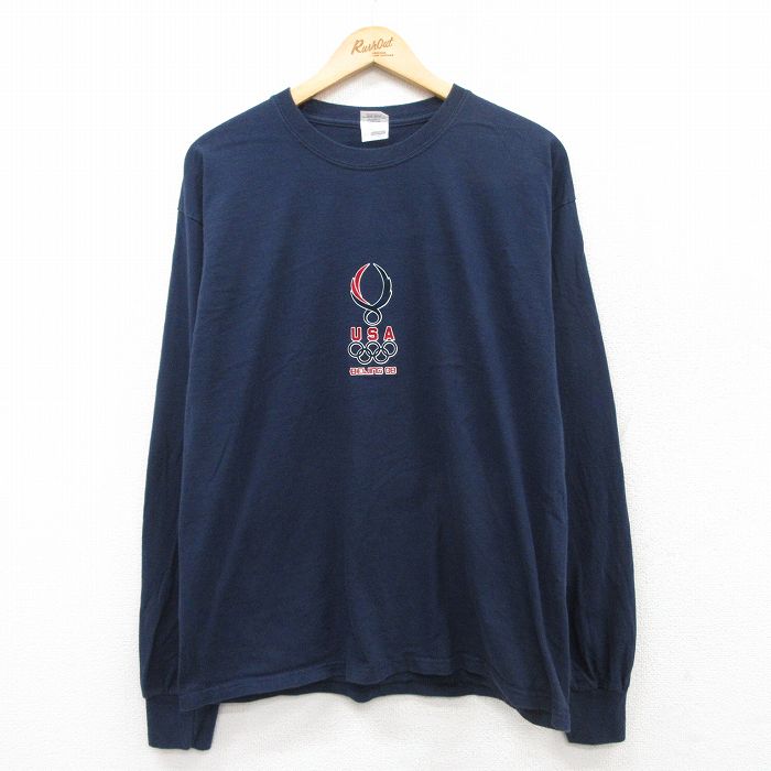 L★古着 長袖 ビンテージ Tシャツ メンズ 00年代 00s 北京 オリンピック USAロゴ コットン クルーネック 紺 ネイビー 25apr23 中古