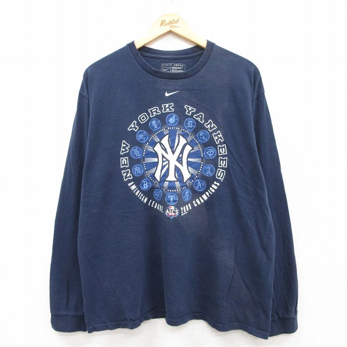 XL★古着 ナイキ NIKE 長袖 ビンテージ Tシャツ メンズ 00年代 00s MLB ニューヨークヤンキース コットン クルーネック 紺 ネイビー メジャーリーグ ベースボール 野球 25apr23 中古