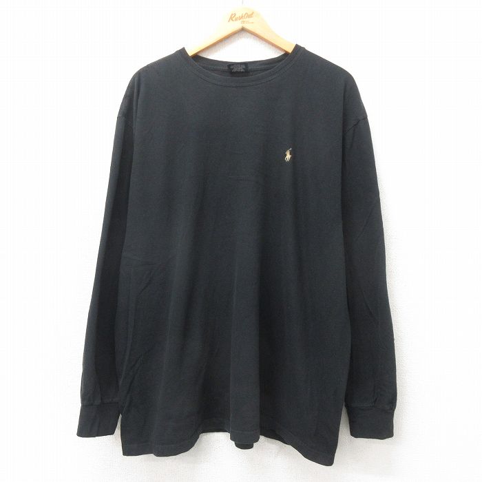 XL★古着 ラルフローレン Ralph Lauren 長袖 ブランド Tシャツ メンズ 90年代 90s ワンポイントロゴ 大きいサイズ コットン クルーネック 黒 ブラック 25apr25 中古