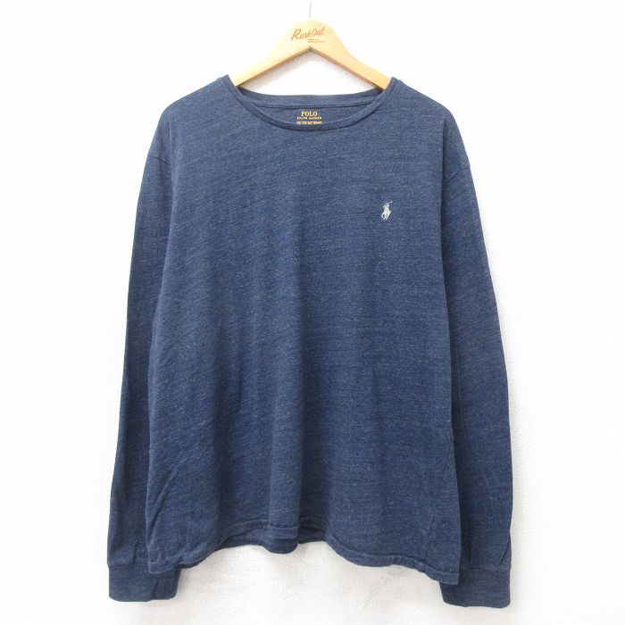 【20%OFF】XL★古着 ラルフローレン Ralph Lauren 長袖 ブランド Tシャツ メンズ ワンポイントロゴ 大きいサイズ コットン クルーネック 紺 ネイビー 霜降り 25apr25 中古