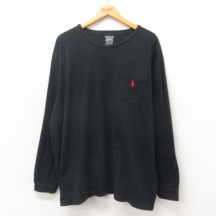 XL★古着 ラルフローレン Ralph Lauren 長袖 ブランド Tシャツ メンズ ワンポイントロゴ 胸ポケット付き 大きいサイズ コットン クルーネック 黒 ブラック 25apr25 中古