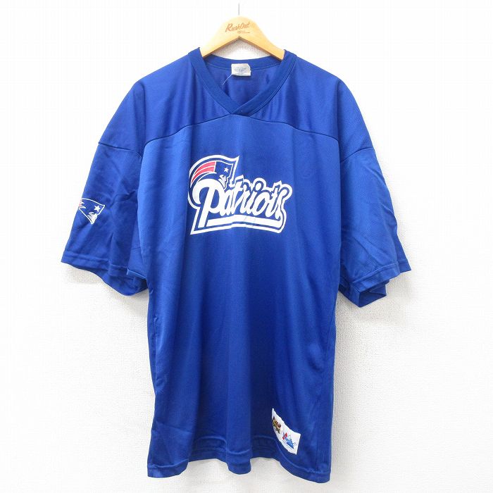 【20%OFF】XL★古着 マジェスティック 半袖 ビンテージ フットボール Tシャツ メンズ 90年代 90s NFL ニューイングランドペイトリオッツ ロング丈 メッシュ地 Vネック USA製 青 ブルー アメフト スーパーボウル ユニフォーム ゲームシャツ 25apr25 中古
