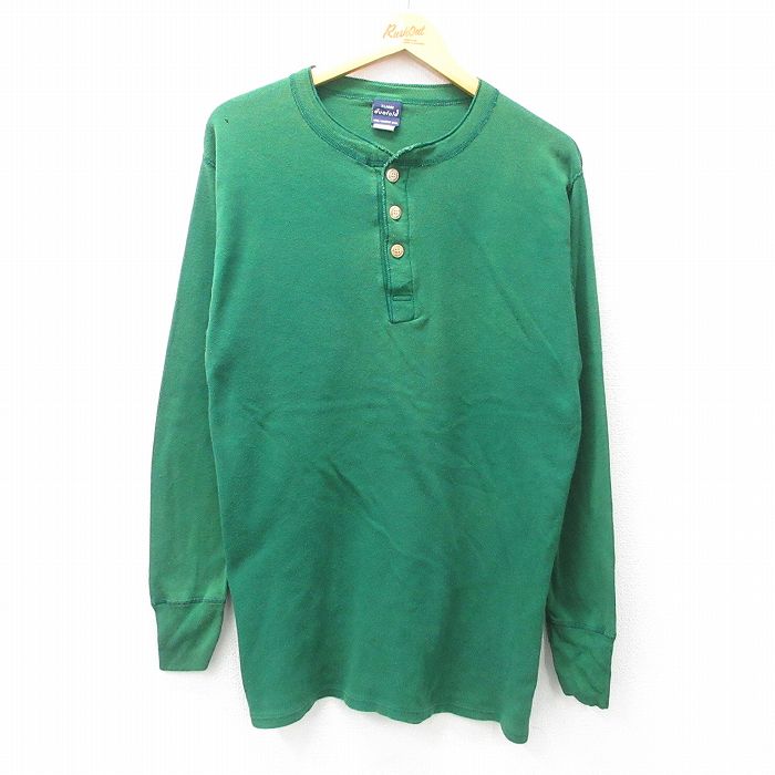 【20%OFF】L★古着 デュオフォールド 長袖 ビンテージ Tシャツ メンズ 90年代 90s 無地 コットン ヘンリーネック USA製 緑 グリーン 25apr26 中古