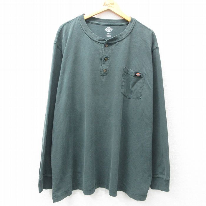 XL★古着 ディッキーズ Dickies 長袖 Tシャツ メンズ 胸ポケット付き 大きいサイズ ロング丈 コットン ヘンリーネック 緑 グリーン 25apr26 中古