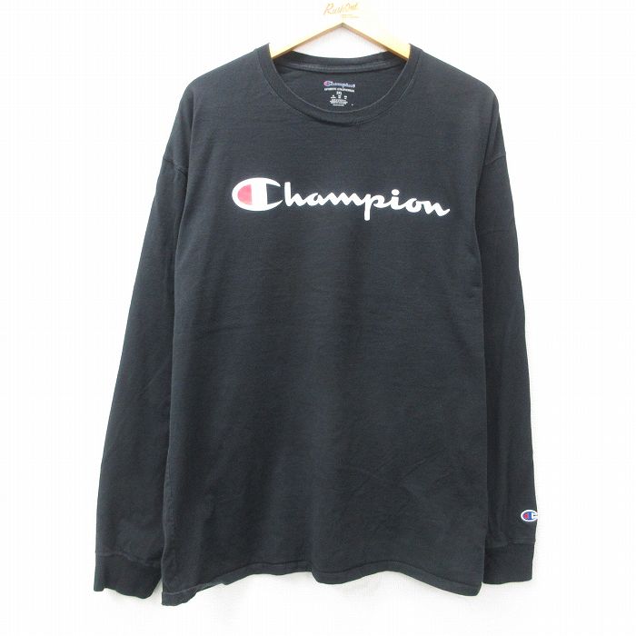 XL★古着 チャンピオン Champion 長袖 Tシャツ メンズ ビッグロゴ 大きいサイズ コットン クルーネック 黒 ブラック 25apr26 中古