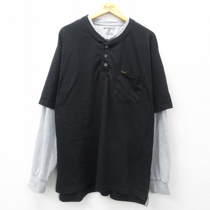 【50%OFF】XL★古着 長袖 Tシャツ メンズ STANLEY 胸ポケット付き 大きいサイズ ロング丈 ヘンリーネック 黒他 ブラック 25apr26 中古