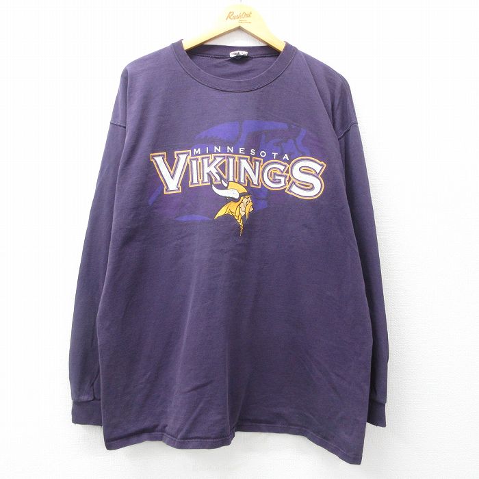 XL★古着 スターター STARTER 長袖 ビンテージ Tシャツ メンズ 80年代 80s NFL ミネソタバイキングス 大きいサイズ コットン クルーネック 紫 パープル アメフト スーパーボウル 25apr26 中古