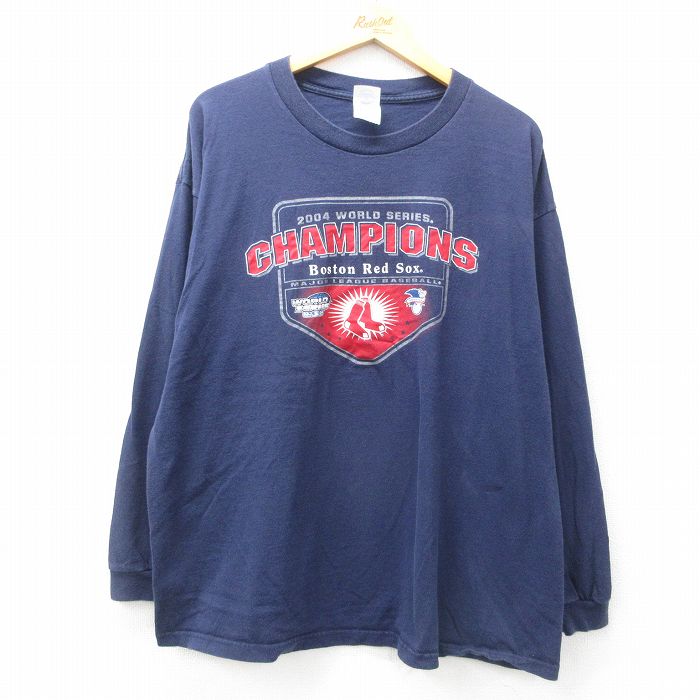 XL★古着 長袖 ビンテージ Tシャツ メンズ 00年代 00s MLB ボストンレッドソックス 大きいサイズ コットン クルーネック 紺 ネイビー メジャーリーグ ベースボール 野球 25apr26 中古