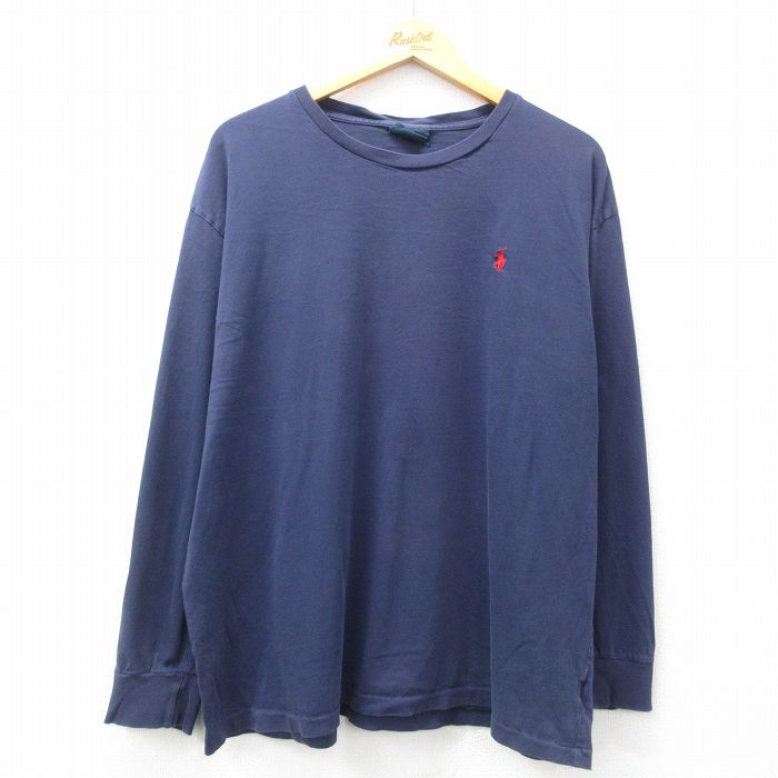 XL★古着 ラルフローレン Ralph Lauren 長袖 ブランド Tシャツ メンズ 90年代 90s ワンポイントロゴ 大きいサイズ コットン クルーネック 紺 ネイビー 25apr26 中古