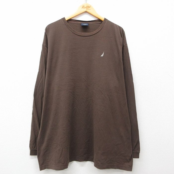 XL★古着 ノーティカ NAUTICA 長袖 ブランド Tシャツ メンズ ワンポイントロゴ 大きいサイズ コットン クルーネック 茶 ブラウン 25apr26 中古