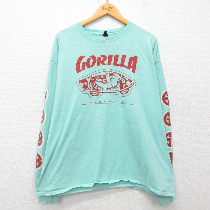 XL★古着 ヘインズ Hanes 長袖 ロック バンド Tシャツ メンズ ゴリラビスケッツ 大きいサイズ コットン クルーネック 薄緑 グリーン 【spe】 25apr26 中古