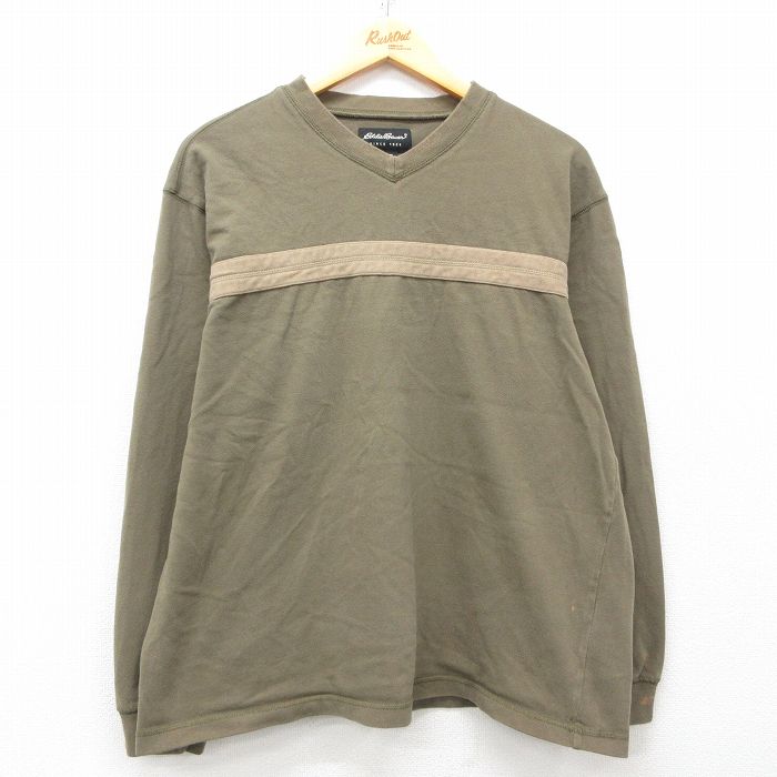 【50%OFF】XL★古着 エディーバウアー 長袖 ビンテージ Tシャツ メンズ 00年代 00s 無地 コットン Vネック 緑系他 グリーン 25apr26 中古