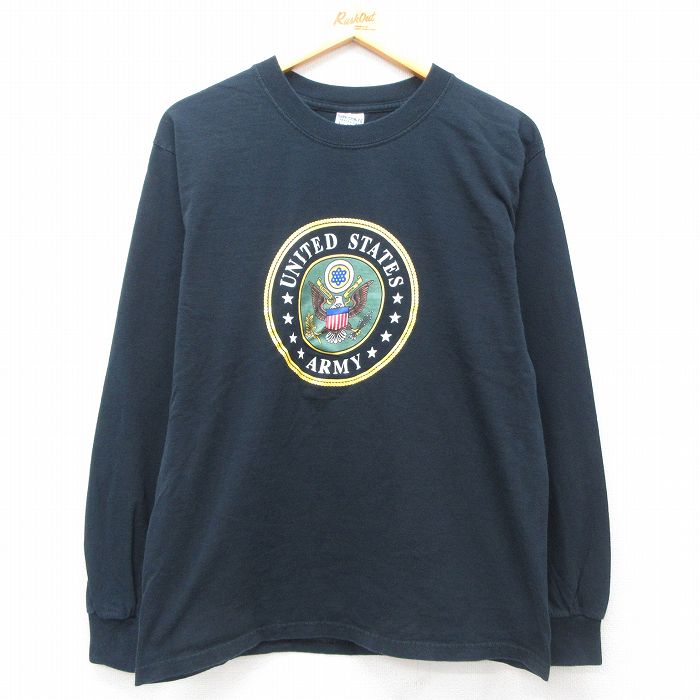 【50%OFF】L★古着 長袖 ビンテージ Tシャツ メンズ 00年代 00s USアーミー コットン クルーネック 黒 ブラック 25apr26 中古