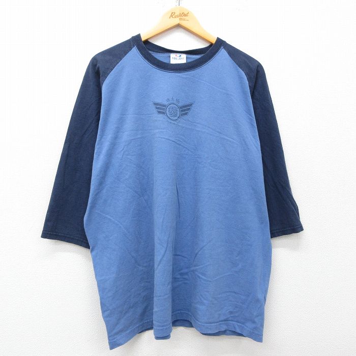 XL★古着 7分袖 ビンテージ Tシャツ メンズ 90年代 90s 功太極 大きいサイズ コットン クルーネック USA製 紺他 ネイビー 25apr26 中古 7分丈 七分丈 七分袖