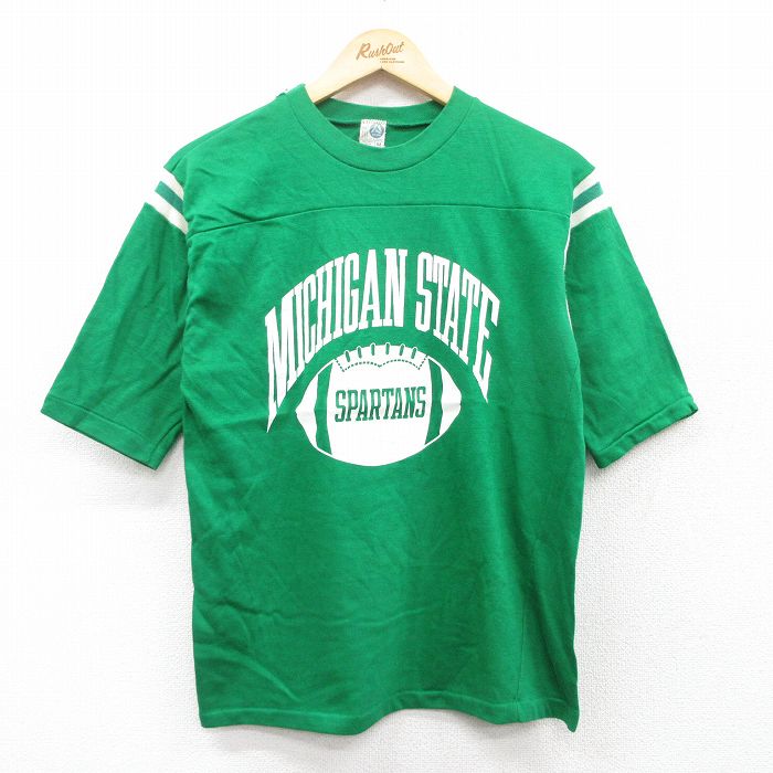 M★古着 ARTEX 半袖 ビンテージ フットボール Tシャツ メンズ 80年代 80s ミシガンステートスパルタンズ コットン クルーネック USA製 緑 グリーン 25may01 中古