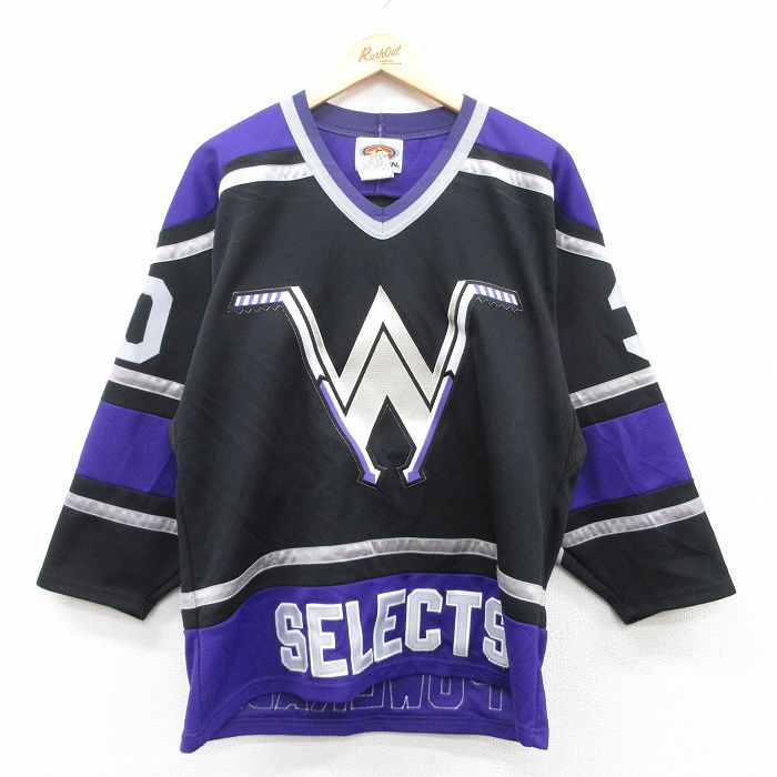 XL★古着 長袖 ビンテージ Tシャツ アイスホッケー ジャージ メンズ 90年代 90s SELECTS POWERADE 30 大きいサイズ Vネック カナダ製 黒他 ブラック ユニフォーム ゲームシャツ 25may01 中古