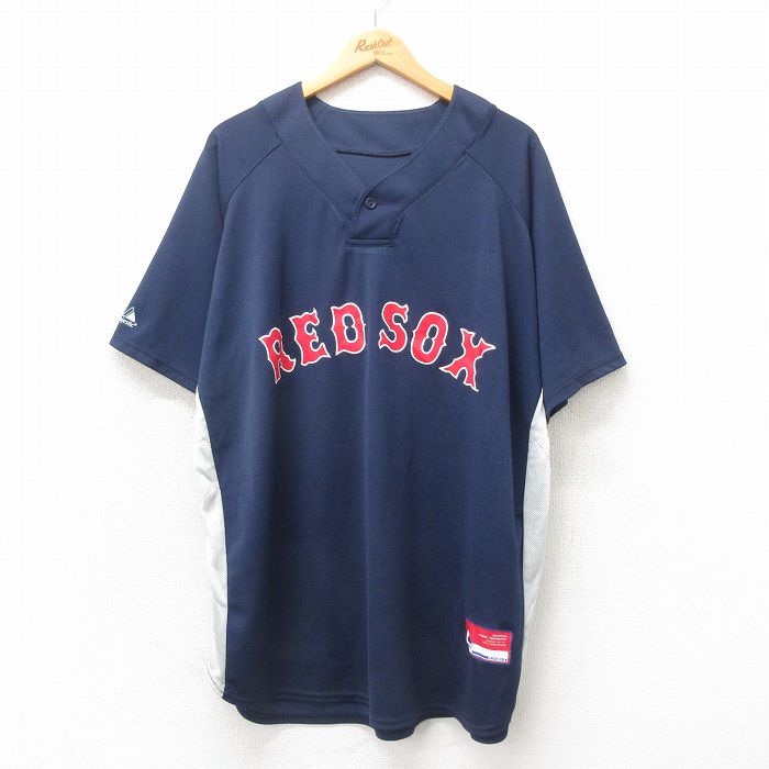 XL★古着 マジェスティック 半袖 Tシャツ メンズ MLB ボストンレッドソックス 大きいサイズ ロング丈 ラグラン Vネック 紺 ネイビー メジャーリーグ ベースボール 野球 ユニフォーム ゲームシャツ 25may02 中古