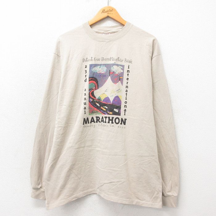 XL★古着 長袖 ビンテージ Tシャツ メンズ 00年代 00s マラソン 企業広告 コットン クルーネック 薄ベージュ カーキ 25may02 中古
