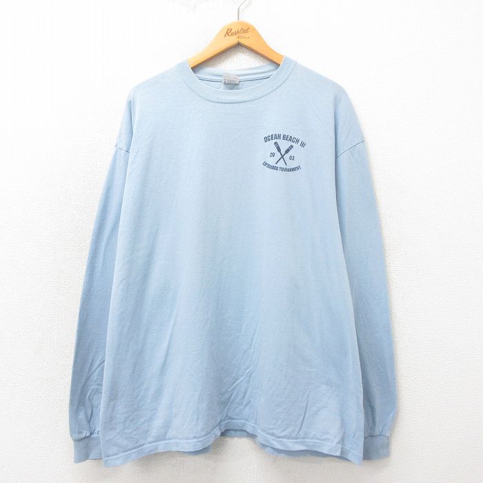 XL★古着 長袖 ビンテージ Tシャツ メンズ 00年代 00s オーシャンビーチ 大きいサイズ コットン クルーネック 水色 25may02 中古