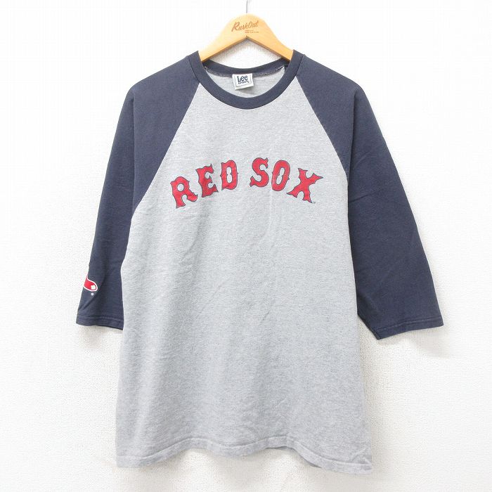 L★古着 リー Lee 7分袖 ビンテージ Tシャツ メンズ 00年代 00s MLB ボストンレッドソックス トロットニクソン 7 ラグラン クルーネック グレー 霜降り メジャーリーグ ベースボール 野球 25may02 中古 7分丈 七分丈 七分袖
