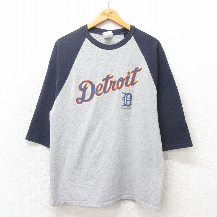 L★古着 マジェスティック 7分袖 ビンテージ Tシャツ メンズ 00年代 00s MLB デトロイトタイガース ラグラン クルーネック グレー 霜降り メジャーリーグ ベースボール 野球 25may02 中古 7分丈 七分丈 七分袖