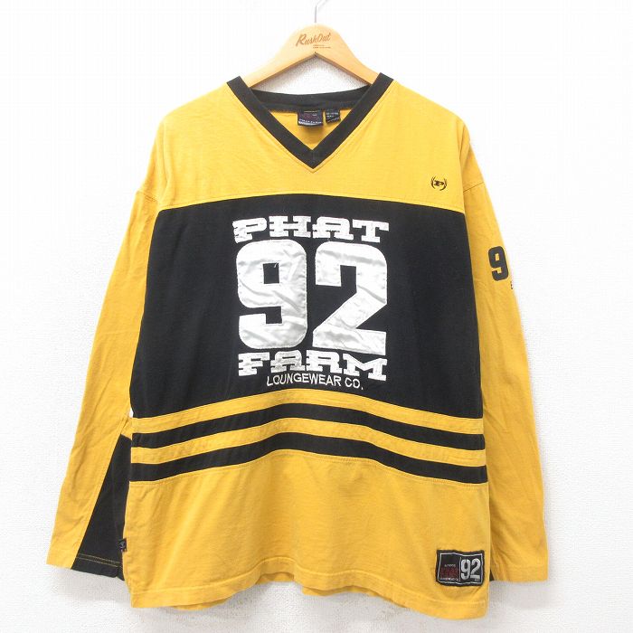 XL★古着 PHAT FARM 長袖 ビンテージ フットボール Tシャツ メンズ 00年代 00s 92 大きいサイズ コットン クルーネック 黄 イエロー 【spe】 25may02 中古