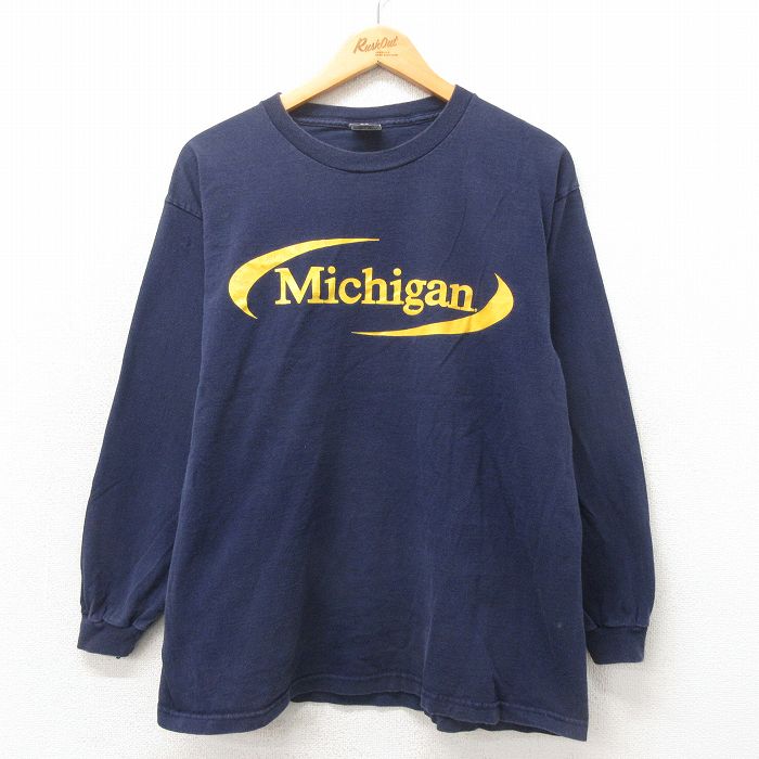 【50%OFF】L★古着 STEVE&BARRYS 長袖 Tシャツ メンズ ミシガン コットン クルーネック 紺 ネイビー 25may02 中古