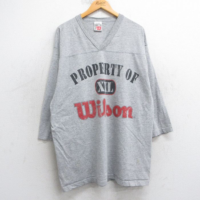 【50%OFF】XL★古着 7分袖 ビンテージ フットボール Tシャツ メンズ 00年代 00s ビッグロゴ 大きいサイズ ロング丈 Vネック グレー 霜降り 25may02 中古 7分丈 七分丈 七分袖