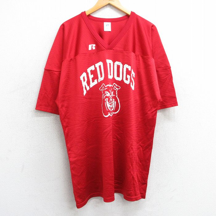 XL★古着 ラッセル 半袖 ビンテージ フットボール Tシャツ メンズ 00年代 00s RED DOGS 75 メッシュ地 大きいサイズ ロング丈 Vネック 赤 レッド ユニフォーム ゲームシャツ 25may02 中古