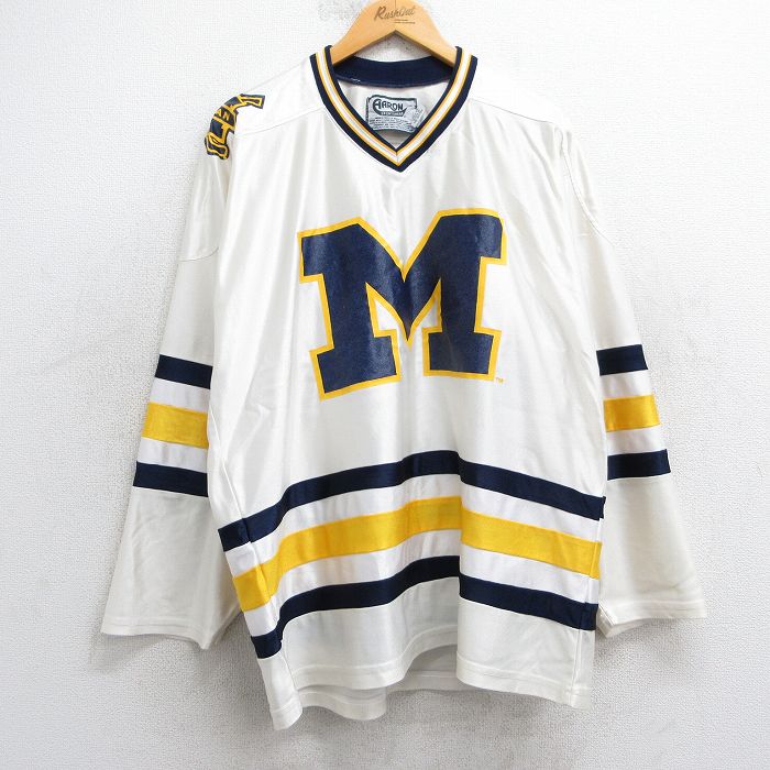 XL★古着 長袖 ビンテージ フットボール Tシャツ メンズ 90年代 90s ミシガン 大きいサイズ Vネック 白 ホワイト ユニフォーム ゲームシャツ 25may02 中古