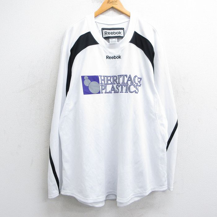 【50%OFF】XL★古着 リーボック REEBOK 長袖 Tシャツ メンズ HERITAGE PLASTECS 14 ラグラン 大きいサイズ ロング丈 クルーネック 白 ホワイト ユニフォーム ゲームシャツ 25may02 中古