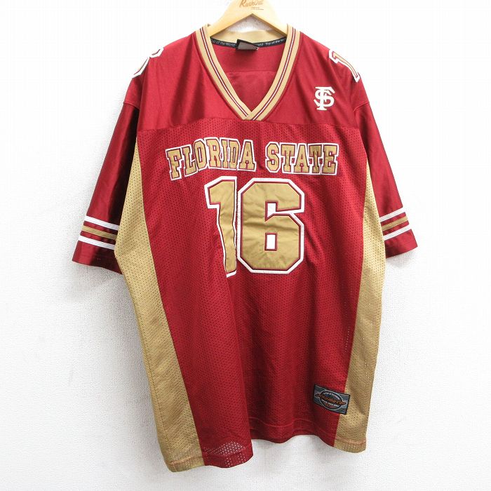 【20%OFF】XL★古着 半袖 ビンテージ フットボール Tシャツ メンズ 00年代 00s フロリダステートセミノールズ 16 メッシュ地 大きいサイズ ロング丈 Vネック えんじ系 ユニフォーム ゲームシャツ 25may02 中古