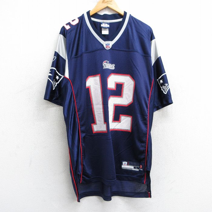 XL★古着 リーボック REEBOK 半袖 ビンテージ フットボール Tシャツ メンズ 00年代 00s NFL ニューイングランドペイトリオッツ トムブレディ 12 メッシュ地 大きいサイズ ロング丈 Vネック 紺 ネイビー ユニフォーム ゲームシャツ アメフト スーパーボウル 25may02 中古