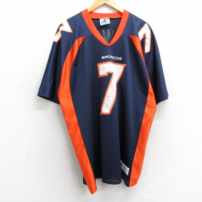 【50%OFF】XL★古着 半袖 ビンテージ フットボール Tシャツ メンズ 90年代 90s NFL デンバーブロンコス ジョンエルウェイ 7 メッシュ地 ラグラン 大きいサイズ ロング丈 Vネック USA製 紺 ネイビー ユニフォーム ゲームシャツ アメフト スーパーボウル 25may02 中古