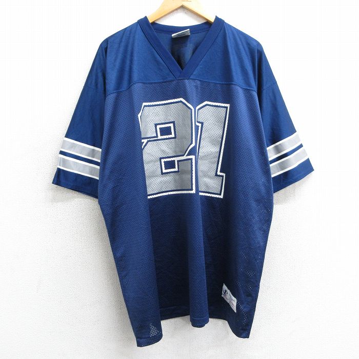 【50%OFF】XL★古着 半袖 ビンテージ フットボール Tシャツ メンズ 90年代 90s SANDERS 21 メッシュ地 大きいサイズ Vネック USA製 紺 ネイビー ユニフォーム ゲームシャツ 25may02 中古