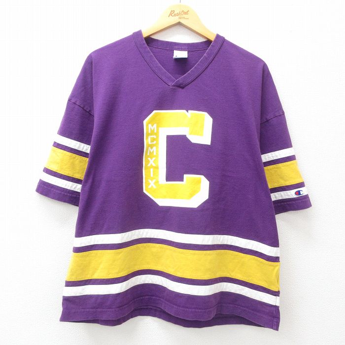 XL★古着 チャンピオン champion 半袖 フットボール Tシャツ メンズ MCMXIX 91 大きいサイズ コットン Vネック 紫他 パープル 25may09 中古