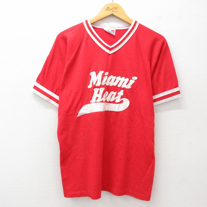 【50%OFF】L★古着 半袖 ビンテージ Tシャツ メンズ 80年代 80s マイアミ ハート ラグラン Vネック USA製 赤他 レッド 25may09 中古