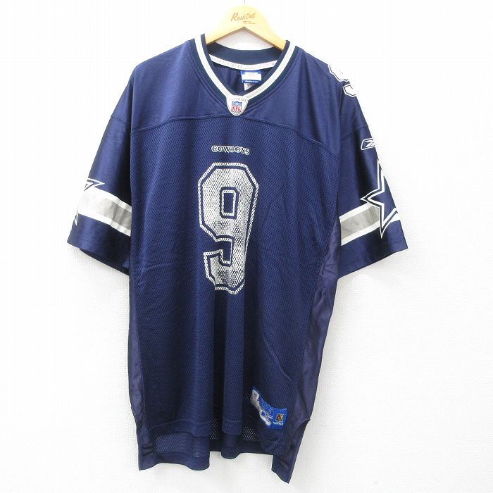 【50%OFF】XL★古着 リーボック REEBOK 半袖 ビンテージ フットボール Tシャツ メンズ 00年代 00s NFL ダラスカウボーイズ トニーロモ 9 メッシュ地 大きいサイズ ロング丈 Vネック 紺他 ネイビー ユニフォーム ゲームシャツ アメフト スーパーボウル 25may09 中古